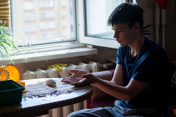 A thoughtful young boy gazes at his hands near his pet hamster on a table, bathed in natural light by a window. Depicts pet care, childhood curiosity, and domestic life.