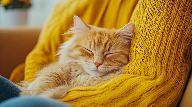 Adorable fluffy ginger cat soundly asleep, with eyes closed, cuddled deeply into soft folds of warm, bright yellow knitted sweater on person's lap.