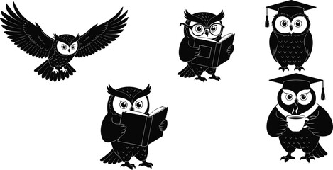 Collection of black and white cartoon owl illustrations featuring flying, reading, studying, graduation themes and educational mascot designs for creative use