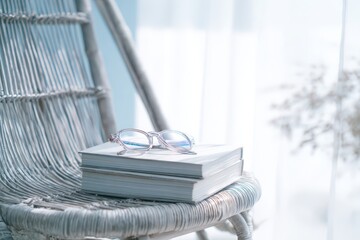 A pair of reading glasses on a stack of books on a stylish wicker chair.