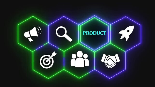 Glowing neon line Product Transfer concept button on a futuristic computer screen. technology background with rotating world map icon, Business.4k