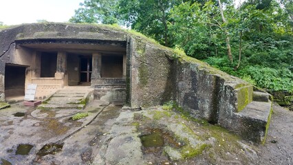 Ancient Buddhist Rock-Cut Cave Exterior Structure at the Kanheri Caves Complex in Sanjay Gandhi...