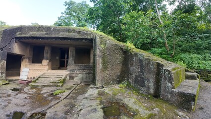 Ancient Buddhist Rock-Cut Cave Exterior Structure at the Kanheri Caves Complex in Sanjay Gandhi...