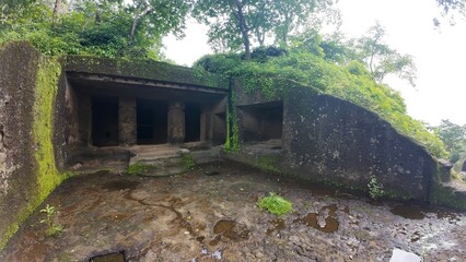 Ancient Buddhist Rock-Cut Cave Exterior Structure at the Kanheri Caves Complex in Sanjay Gandhi...