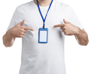 Man showing blank badge on white background, closeup