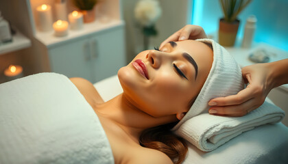 Woman reclining peacefully during a facial treatment at a spa salon, epitomizing relaxation and self-care. Generative AI.