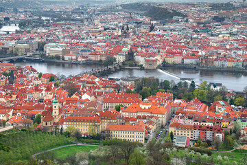 Obraz premium An Elevated View Across Historic Bridges and Rooftops in Prague, Czech Republic