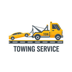 Fototapeta premium A yellow tow truck pulls a matching yellow sedan; illustration of a towing service on a road