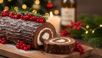 A beautifully decorated chocolate Yule log cake with a creamy swirl, adorned with red currants and rosemary, perfect for holiday feasts