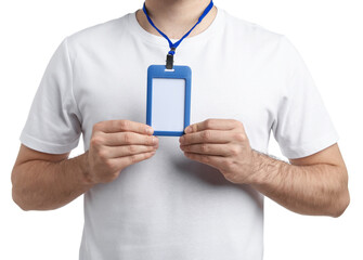 Man showing blank badge on white background, closeup