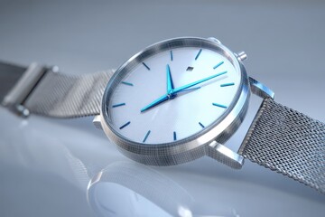 A modern 3D rendered wristwatch with blue hands and a metal mesh strap.