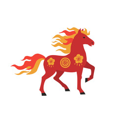 Fire Horse in Oriental Flat Style for Chinese New Year Illustration