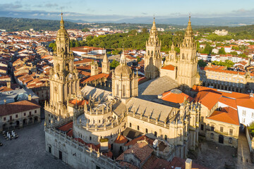 Fototapeta premium Aerial view of the Cathedral of Santiago de Compostela at sunrise in Spain