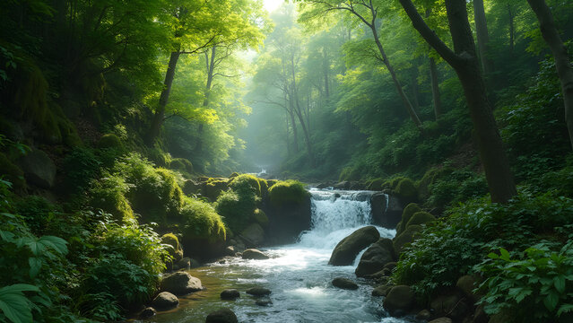 Cascades in thick forest. Exploring lush green waterfalls. Ultra realistic forest landscapes. Nature trails through dense woods.