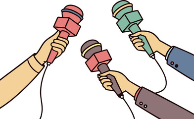 Many hands reaching forward with microphones in bright colors, interview coverage scene, crisp premium vector style, smooth surfaces, HD transparent background, perfect for news graphics.