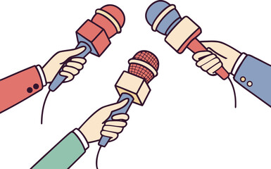 Colorful microphone set held by various hands in a press interaction, stylized clean vector lines, 3D depth, ultra-HD, isolated on transparent background PNG, professional exclusive quality.