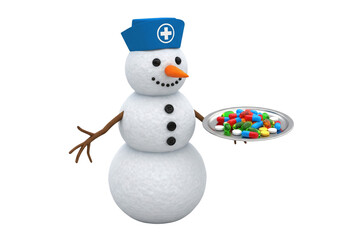 Whimsical Snowman Doctor Offering Tray of Colorful Pills - Winter Health and Medical Care Concept