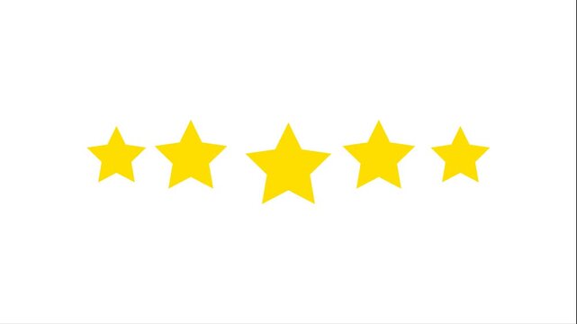 rating star icon animation. Golden glowing five star flat symbol animation. Customer feedback, 5 star rating 4k animation video on white background
