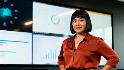 Confident businesswoman standing in front of data analysis screens. Professional expert in a modern office with charts and graphs. Business technology and leadership concept - Powered by Adobe