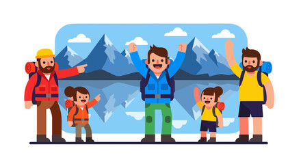 Fototapeta premium Joyful Group Hiking in Mountains with Backpacks Celebrating Their Adventure's Success