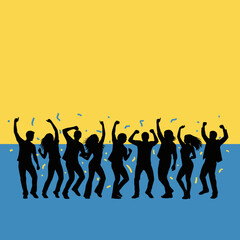 Fototapeta premium Silhouetted crowd of people dancing and celebrating under a yellow and blue background with falling confetti, conveying a sense of joy and festivity.