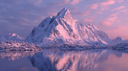 A majestic mountain peak, crowned with glistening snow, pierces the serene sky, its reflection mirrored perfectly in the tranquil water below.Created with Generative AI, not depicting real subjects.