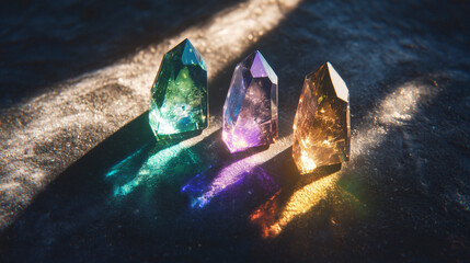 Healing crystals illuminated by sunlight, casting rainbow prism reflections, AI generated