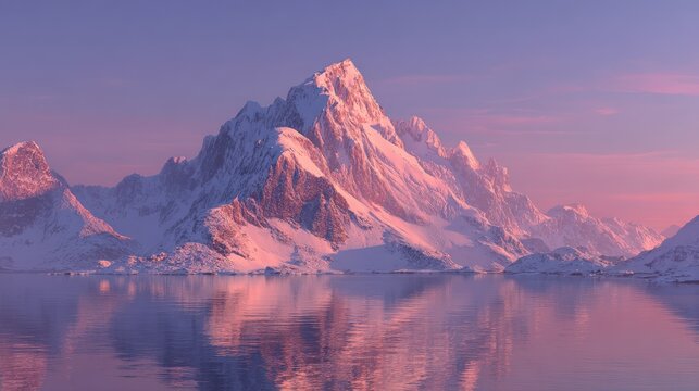 A breathtaking panoramic view of a snow-capped mountain range reflected serenely in a still lake under a twilight sky. ..Created with Generative AI, not depicting real subjects. - Powered by Adobe