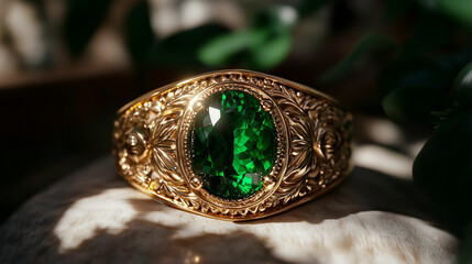 Photorealistic antique ring with polished moss stone centerpiece, intricate vintage metalwork and detailed textures, palette of emerald green, aged bronze, and ivory highlights, realistic jewelry