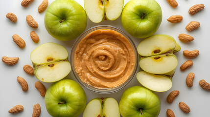 Green apples and peanut butter dip isolated on transparent background