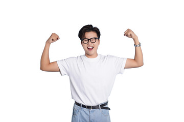 Self-assured Display: A young man exudes confidence, showcasing his strength through flexing, his eyeglasses adding a touch of intellectual charm.