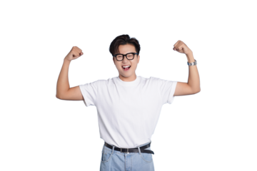 Self-assured Display: A young man exudes confidence, showcasing his strength through flexing, his eyeglasses adding a touch of intellectual charm.