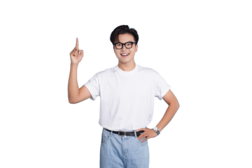 Smart individual with idea: An individual, with glasses and a gesture pointing upwards with his index finger. Symbolizing an epiphany or having an idea. He appears to be delighted.