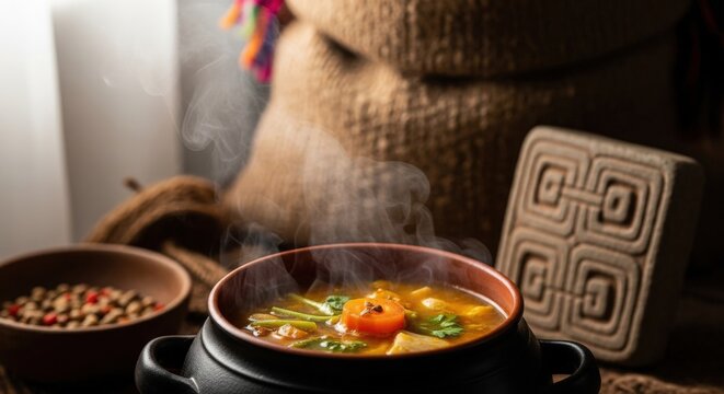 Hearty Bolivian Chairo &ndash; Andean Soup with Chu&ntilde;o, Beef & Herbs in Black Clay Pot
