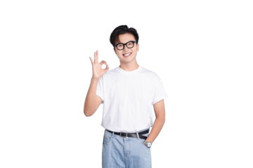 Optimistic Approval: A confident individual, sporting glasses, flashes a reassuring OK gesture, exuding positivity and approval, ready to embrace the day ahead.