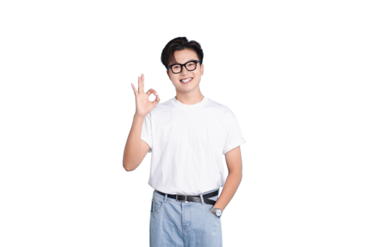Optimistic Approval: A confident individual, sporting glasses, flashes a reassuring OK gesture, exuding positivity and approval, ready to embrace the day ahead.