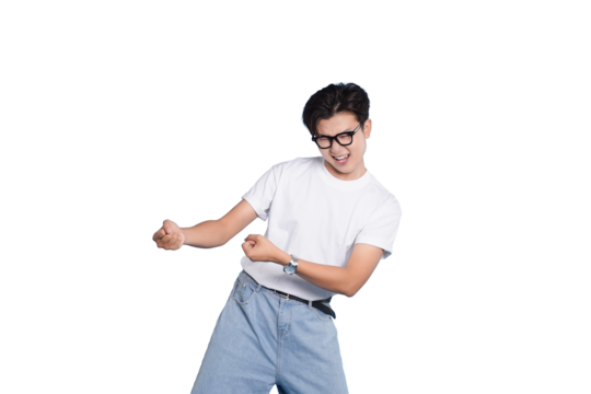 Joyful Expression: A cheerful man wearing spectacles and a simple t-shirt exudes playful energy, capturing the essence of glee.