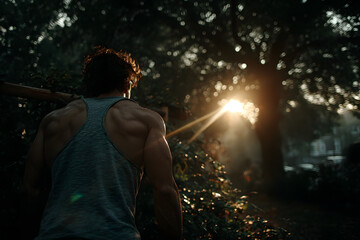 Muscular man training outdoors at sunrise, seen from behind with dramatic lighting through trees, symbolizing strength, focus, and determination.
