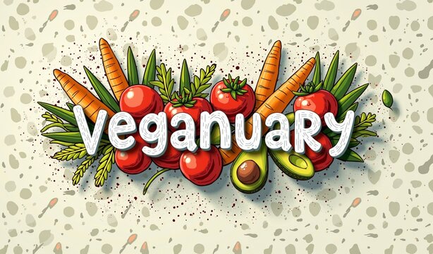 Veganuary poster with fresh vegetables and fruits including tomatoes, avocados, and carrots - Powered by Adobe