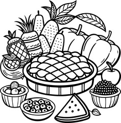 Pie, corn, bread, and fruits on table, black line art for coloring ,coloring book vector, line art vector line art , black and white