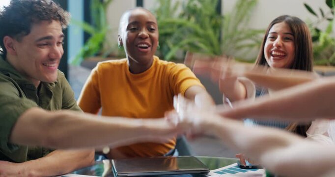 Happy, creative team and meeting with hands together for success, mission or unity in office. Group, employees or applause with pile or stack for business goals, solidarity or synergy in workplace