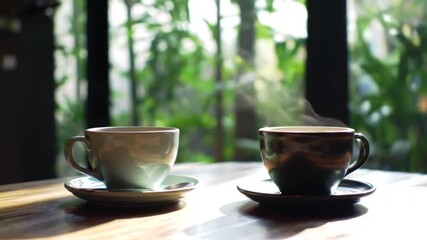 Two steaming coffee cups sit on saucers on a wooden table near a window.