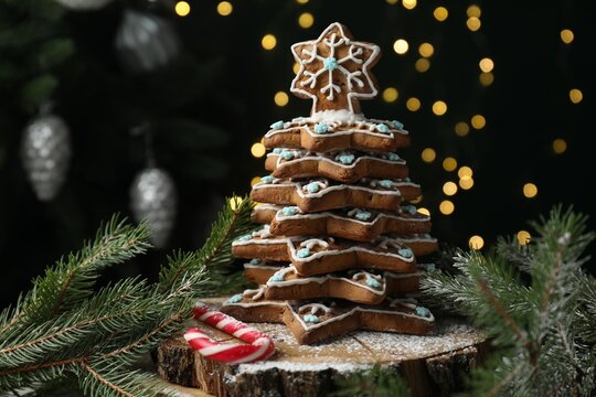 Christmas tree made of gingerbread cookies, fir branches and candy cane against black background with blurred lights