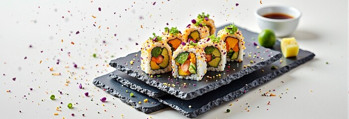 Colorful vegetable sushi rolls with dipping sauce on slate plates