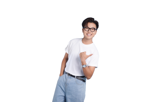 Smiling Man in Casual Outfit: A young man exudes confidence in casual attire, radiating warmth and approachability with a friendly smile, glasses, and a gesture of self-assurance. - Powered by Adobe