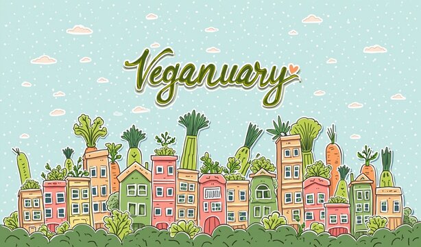 Whimsical veganuary townscape with vegetable-inspired buildings