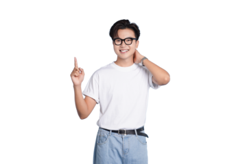 Inquisitive Expression: A young man with dark hair, and spectacles gestures upwards. expressing a curious, contemplative, and engaging disposition.