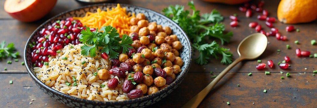 Colorful vegan bowl with chickpeas, rice, and fresh vegetables on rustic table - Powered by Adobe