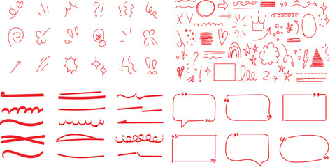 collection of hand-drawn vector elements in red, including  arrows, symbols, punctuation marks, asterisks, colons, underscores, crossings, and speech bubbles doodle, sketch, or grunge style