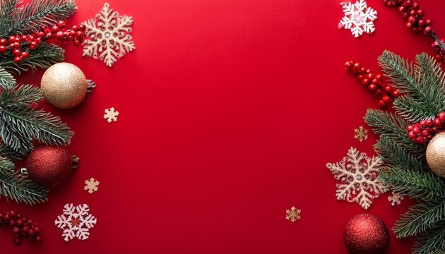 Christmas Decoration Composition With Ornaments Holly Fir Branches And Snowflakes On A Red Background